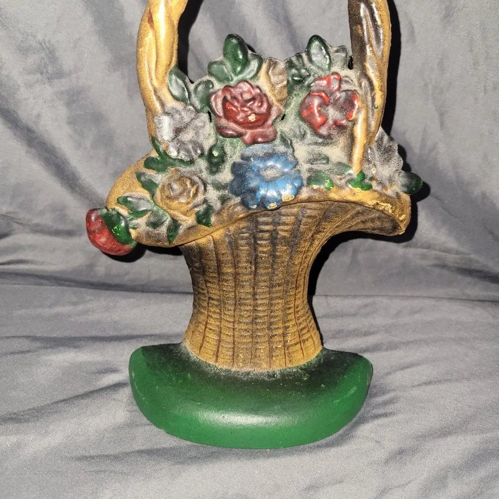 Antique Cast Iron Hubley Woven Wicker  Design Flower Basket Door Stop